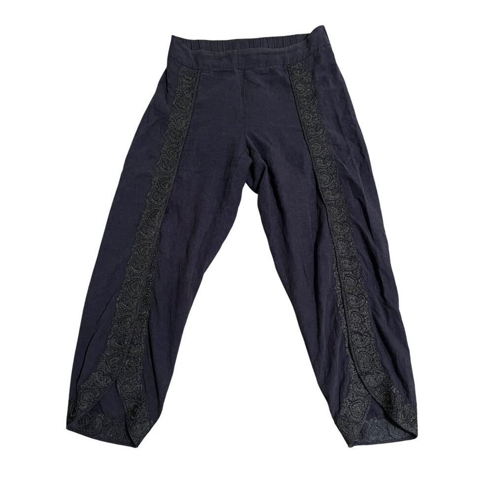 Soft Surroundings Womens Onna Linen Pants Black Embroidered Trimmed Split Hem sz